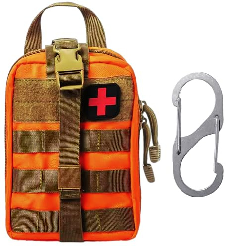 1 kit de premiers secours tactique et 1 mousqueton de type S, kit d'urgence multifonctionnel, adapté pour l'alpinisme, la randonnée, la chasse, le camping, le sport (orange)