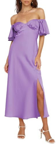 Robe d'été 2025 en satin à épaules dénudées pour femme, robe formelle élégante à manches papillon fendues, robe de cocktail midi, lilas, Taille M