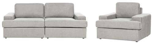 Beliani Conjunto de Sala de Estar clásico 4 plazas sofá sillón tapizado Tela poliéster con sillón Respaldo Acolchado Grueso Acolchado Gris Claro Alla