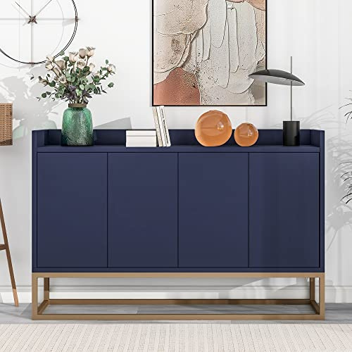 LERFAN Modernes Sideboard 4-türiger Griffloser Buffetschrank Küchenschrank mit Metallrahmen und Verstellbaren Regalen für Esszimmer Wohnzimmer Küche, 120B x 30T x 80H cm Marineblau