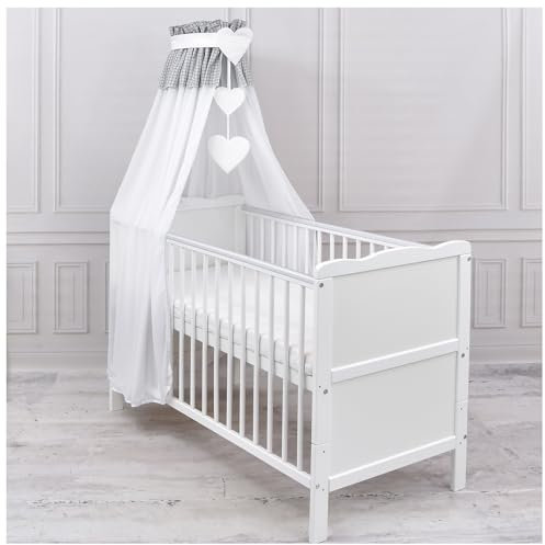 Generisch Baby Delux Babybett Himmel Betthimmel Chiffon Baldachin für Babybett Kinderbett Wiege Stubenwagen Himmelstange Applikationen Herz Deko (Karro grau, mit Himmelstange)