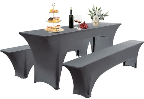 AIMENJOY Elastisch Biertischhussen Bierbank-Auflage & Tischdecke Für 50 cm or 70 cm Table Width 3 TLG-Set Breite Bierzeltgarnitur Stretch Hussen Für Festzeltgarnituren Bierbank Hussen (Grau,50 cm)