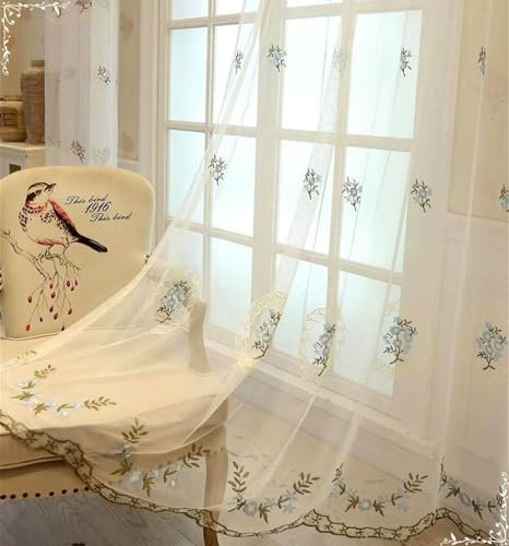 Beydodo Vorhänge Weiß 2er Set mit Haken, Gardinen für Schienensystem Stickerei mit Blau Blumen Motiv 96x138CM Gardinenschals Polyester Halbtransparent für Wohnzimmer Schlafzimmer Küche