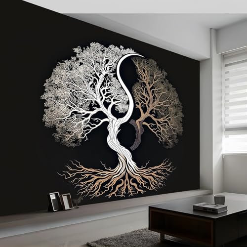 Fototapete Kinderzimmer B200 x H140 cm, Abstrakte Kunst Yin Yang Baum des Lebens Fototapete Wandbild Babyzimmer - Schwarz Wanddekoration Tapeten für Kindertapete - Wandtapete Tapete 3D Effekt