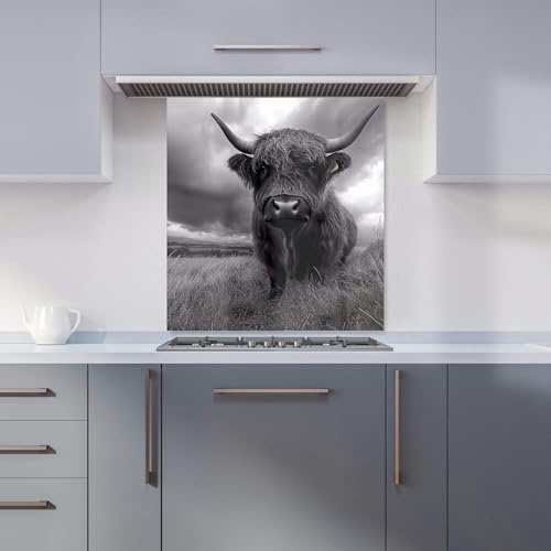 Premium Black And White Highland Cow Kitchen Splashback 6mm Toughened Glass Kitchen Splashback – Heat Resistant Splashback for Kitchens, Perfect for Cookers and Hobs, Polished Edges