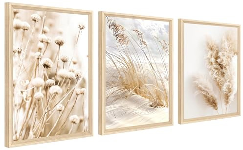 3 Pcs Beige Löwenzahn Pampasgras Salbei Mit Rahmen Leinwand Bilder Malerei Poster Küstenstrand Landschaft Bild Wandbilder Wohnzimmer Schlafzimmer Wanddeko 30x40cm x3 (12x16x3pcs) (Kein Plexiglas)