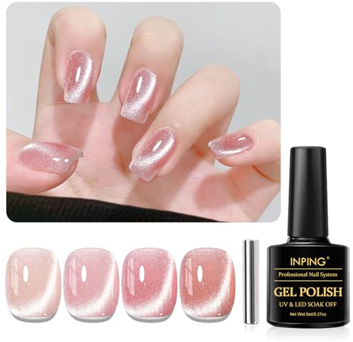 INPING Cat Eye Gel Nail Polish, 4 Colors Pink Magnetic Sparkle Glitter Cat Eye Gel Polish with Magnet Nail Varnish Soak Off UV/LED for Women DIY Manicure Salon, 8 ML