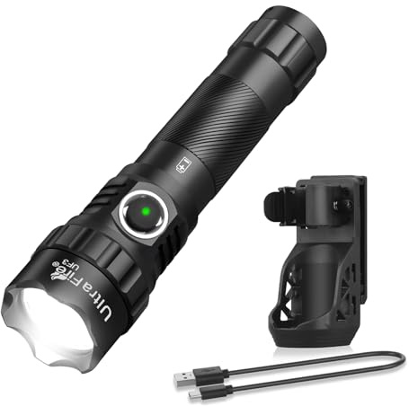UltraFire Taktische Taschenlampe mit Holster, 1200 Lumen Wiederaufladbare Polizei Taschenlampe mit Gürteltasche, 3 Modi LED Taschenlampe für Security Camping Rettungsdienst, UF3