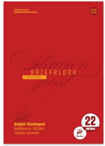 Staufen Style Bloc-notes - DIN A4, 100 feuilles papier à lettres, linéature 22, 70 g/m², quadrillé, Staufenpost