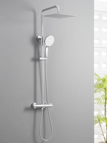 Auralum Colonna Doccia con Miscelatore Termostatico, Set Doccia con Soffione Grande in Acciaio Inox e Doccetta 5 Funzioni, Asta Saliscendi Doccia Altezza Regolabile (Cromato)