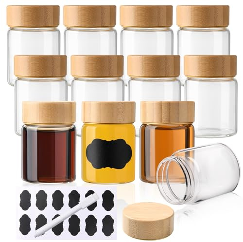 YBCPACK 12 Stück Kleine Shot Flaschen zum Befüllen 60ml mit Bambusdeckel | Mini Shotgläser aus Borosilikatglas Inkl. Etiketten & Stift - Spülmaschinenfest, Wiederverwendbar für Shots und andere drinks