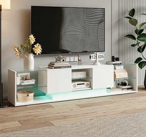 QMTXBYJ Meuble TV bas avec haute brillance, étagères en verre et éclairage LED, meuble TV avec 3 étagères réglables en verre pour salon, salle à manger, buffet, TV, meuble bas - 200 x 35 x 45 cm