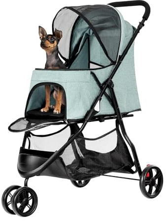 YITAHOME Passeggino pieghevole per cani e gatti da 15 kg, tre ruote, finestra a rete, freni, telaio tubolare in ferro, robusto, adatto per animali domestici di taglia media, verde chiaro