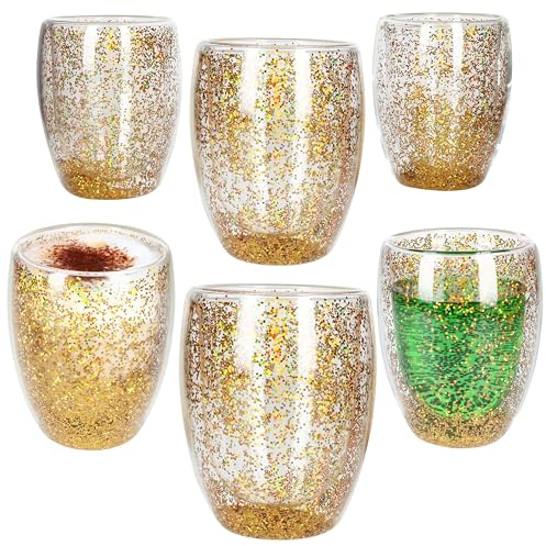 MamboCat Lot de 6 verres à confettis à double paroi 270 ml I Paillettes dorées I pour boissons chaudes et froides I Verre isotherme pour cappuccino, thé, cocktails, eau I Fêtes, Noël, Nouvel An
