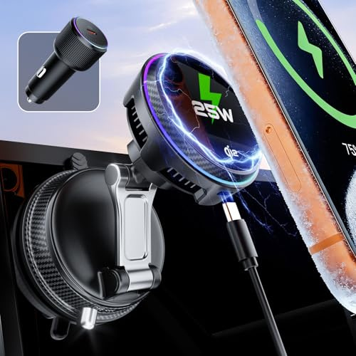 ALAFLY Qi2.2-25W für MagSafe Autohalterung Saugnapf mit Ladefunktion, TEC Lüfter Schnelle Abkühlung, 360° Drehbarer Magnetischer Handyhalterung für iPhone 17 16 Serie (mit 45W Adapter)