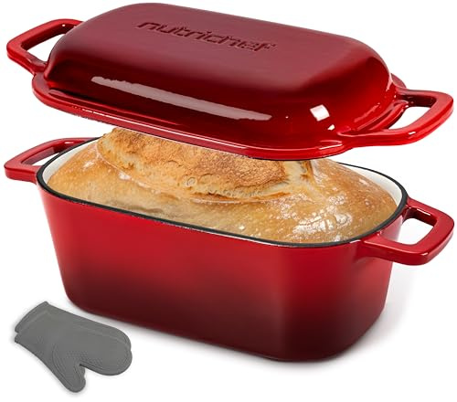 NutriChef 10 emaljerad gjutjärnsform för bröd med lock, oval brödform Dutch oven med silikonhandskar, ugnssäker upp till 260°C, för bakning, rostning, stuvning och mer, diskmaskinssäker (Röd)