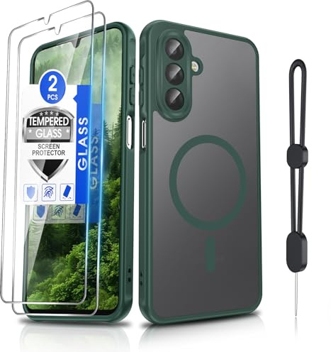 Dizn Magnetic Phone Case for Samsung Galaxy A17 5G/A17 4G with 2 Tempered Glass,Fit for MagSafe,Cellphone Lanyard, Matte Translucent Thin Soft, Protection Cell Cover for Samsung Galaxy A 17,Green