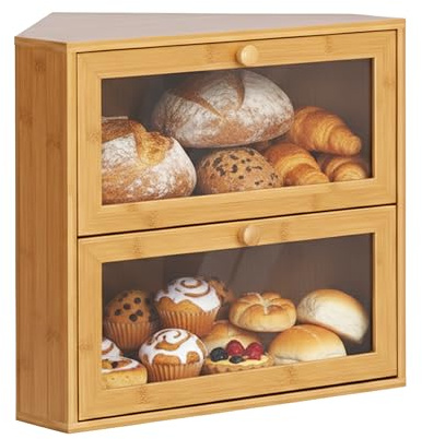 Relaxdays Eck-Brotkasten Bambus, 2 Etagen, Brotlade mit Sichtfenster, HBT: 35x40x27,5 cm, Brotbox platzsparend, Farbe | HBT: 35x40x27,5 cm, Brotbox platzsparend