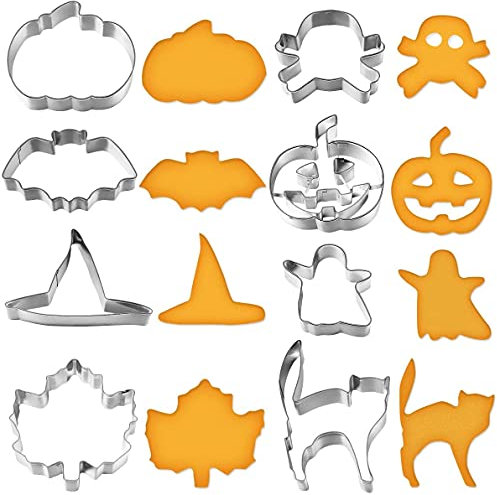 OUNONA 8pcs Halloween Cookie Cutter Stainless Steel Cake Biscuit Molds Set - Pumpkin, Ghost, Skull, Bat, Witch's Hat, Maple Leaf, Cat