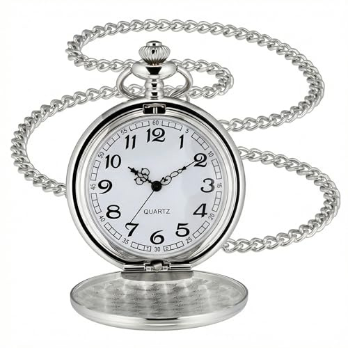 I-MART Pocket Watch with Chain for Men, Smooth Silver Quartz Vintage Watch
