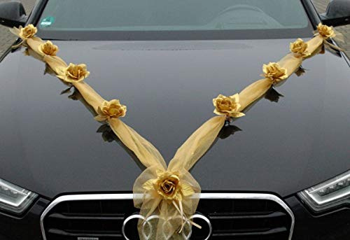 Gold Silber Auto Schmuck Braut Paar Rose Deko Dekoration Autoschmuck Hochzeit Car Auto Wedding Deko Ratan (Organza M+H Gold)