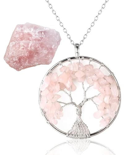 Halukakah Frauen Kristalle Heilsteine Halskette Gold/Platin Plattiert Messing Draht Natürlich Mondstein/Rosa Quarz/Amethyst Quarz/Karneol/Jade Handgefertigte Wickelnder Lebensbaum Anhänger Kette 50cm