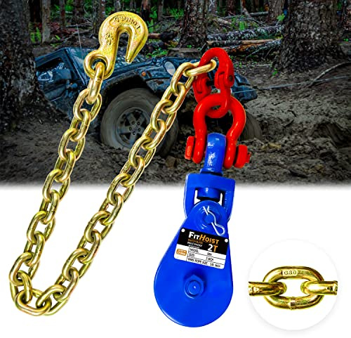 FITHOIST 2 Tons Snatch Block with G80 Chain | 3 Sheave for 3/8 Inch Wire Rope | High Strength Snatch Blocks for Towing and Recovery Applications | Tow Truck Rollback Wrecker Car Hauler Winch | G80 chain, drop-side cable access and grab-hook connection for tow trucks, rollback wreckers, car haulers and recovery