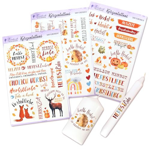 FEENSTAUB Kerzentattoos Herbst 3er Set, Wasserschiebefolie Kerzen A5, Deko Herbst, Kerzensticker mit Herbstmotiven, Herbst Dekoration, Aufkleber für Kerzen, Kerzen dekorieren, Kerzen Tattoofolie