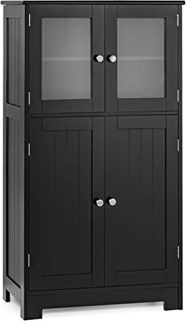 COSTWAY Bathroom Floor Cabinet, Freestanding Storage Cupboard with Tempered Glass Doors and Adjustable Shelf, Wooden Side Cabinet Organiser Unit for Living Room Kitchen Entryway (Black)