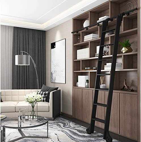 Schwarzes Scheunentor-Schiebetür-Kit (mit Leiter) - Rolling Schiebe Ladder Montagesatz, Fahrbare Leiterbahn Aus Rundrohr, Mit Bodenrollen, Rolling Ladder Hardware Library Full Track Set(Color:160cm la