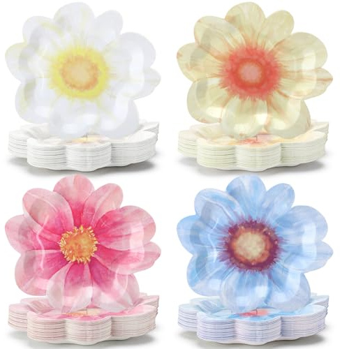 Havawish 100 Pcs Flower Paper Plates Cute Flower Shaped Plates Groovy Flower Disposable Plates Floral Cake Plates for Summer Tableware Wedding Bridal Baby Shower Birthday Party Supplies, 4 Style