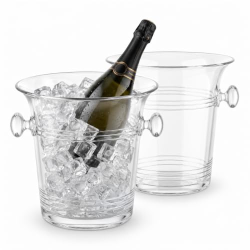 Chabrias 2-Pack 3.5L Champagne Ice Buckets, Clear Wine Coolers, UK MADE | Two UK-made clear plastic coolers, each holding one 750ml wine, champagne or prosecco bottle with ice and water.
