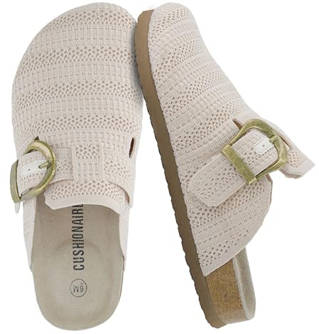 CUSHIONAIRE Dumbo Slip-On Clogs for Women with Textured Knit Upper, Adjustable Buckle, and Cushioned Footbed – Stylish and Comfortable Women's Shoes, Ivory 9