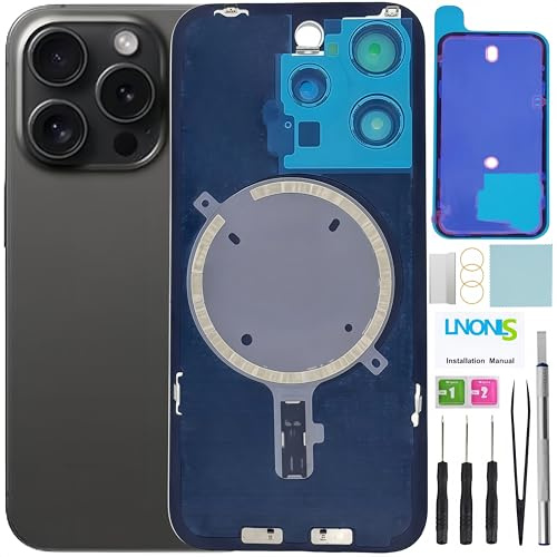 LNONLS 15 Pro - Vetro posteriore di ricambio per iPhone 15 Pro, copertura posteriore in vetro con logo impermeabile e obiettivo della fotocamera+kit di riparazione professionale (nero titanio)