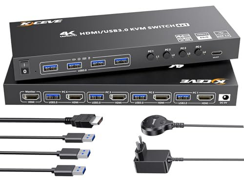 Camgeet KVM Switch 4 PC 1 Monitor HDMI Simulazione EDID, 4K@60Hz, USB 3.0 KVM Switch HDMI 4 porte per 4 parti del PC, 1 monitor e 4 dispositivi USB 3.0, con cavo remoto, 5 cavi e alimentatore da 12 V