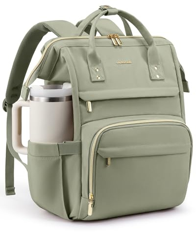 LOVEVOOK Laptop Backpack for Women with Giant Tumbler Holder Pocket,15.6inch Waterproof Travel Backpack Purse Computer Laptop Bag,Professional Work College Nurse Teacher Backpack Travel Bag,Bean Green