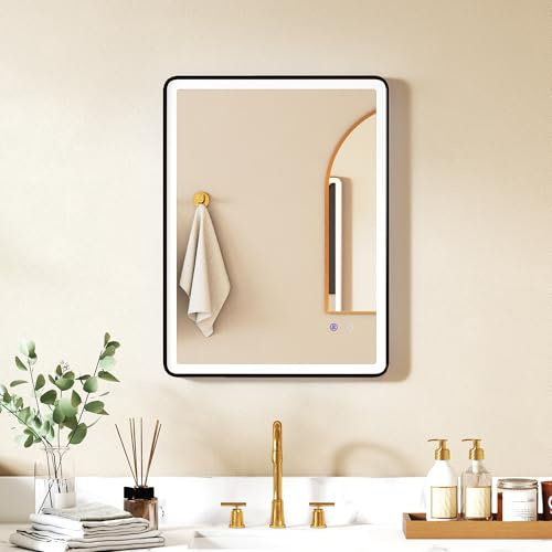HOMCOM LED-badrumsspegel med belysning, 80 x 60 cm, 3 färgtemperaturer, LED-spegel med anti-dimma, minnesfunktion, horisontell eller vertikal, dimbar sminkspegel med svart ram