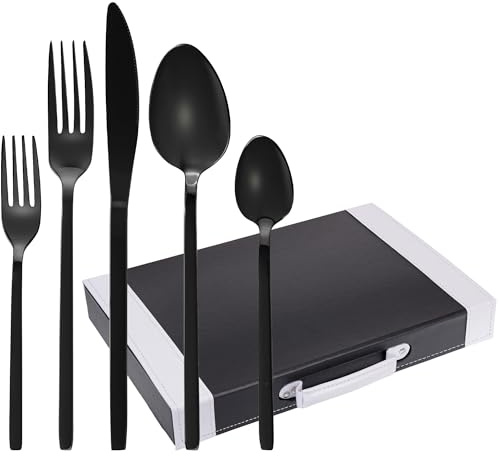 GRÄWE Besteck schwarz, Besteck-Set für 6 Personen + Besteckkoffer, 30-teilig, Edelstahl Tafelbesteck, Essbesteck spülmaschinengeeignet, titanbeschichtet, Serie Lissabon