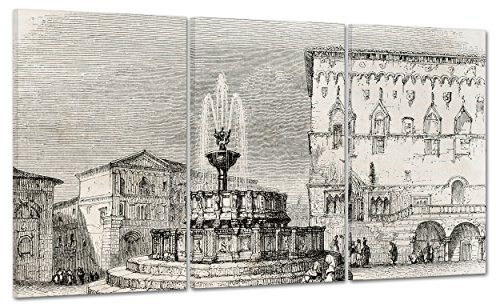 ConKrea Quadro su Tela Canvas - INTELAIATO - Pronto da Appendere - Incisione Antica - Fontana Maggiore Palazzo dei Priori Perugia - 1845-100x50cm (cod.3317)