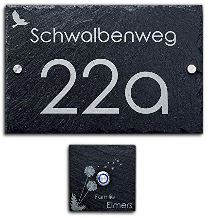 Schiefer Set Hausnummer + Türklingel mit Gravur Klingelschild inkl. LED Taster