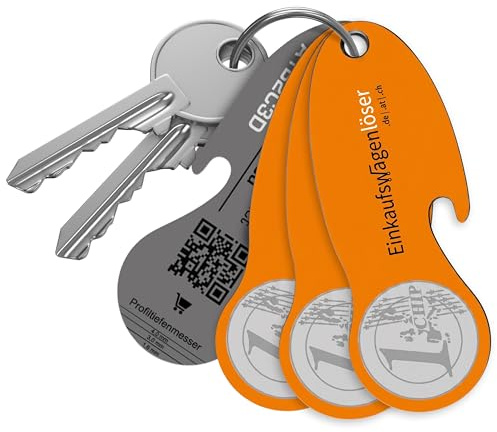 Einkaufswagenlöser Münze Orange (3 Stk.) – funktionaler Schlüsselanhänger mit Einkaufswagenchip, Flaschenöffner & Profiltiefenmesser – hochwertiger Einkaufschip mit Fundservice