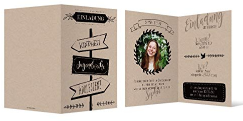 10 x Jugendweihe Einladungen im Kraftpapier Look individuelle Klappkarte mit Foto DIN A6 - Wegweiser