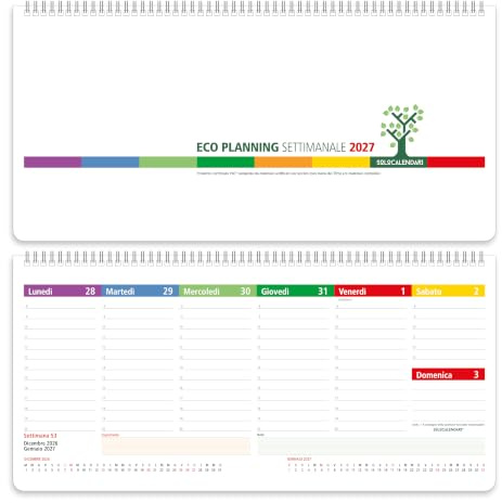 Planner 2026 Settimanale da Tavolo SPIRALATO con tutte le DATE 2026 STAMPATE in Carta ECOLOGICA Certificata FSC® Mix Credit - Planning 2026 perfetto per casa e ufficio con ANGOLI ANTIORECCHIE (14X32)