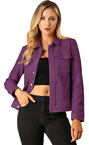 Allegra K Women's Turn-Down Collar Flap Pockets Snap Button Faux Suede Jacket, Purple, L