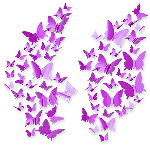 60pcs Schmetterlinge 3D, CAYUDEN Lila 3D Spiegel Wandaufkleber Schmetterlinge DIY Wanddeko Aufkleber 3D Schmetterlinge zum Kleben Wandsticker für Party Dekoration, Hochzeit, Kuchen, Wohnkultur(Lila)