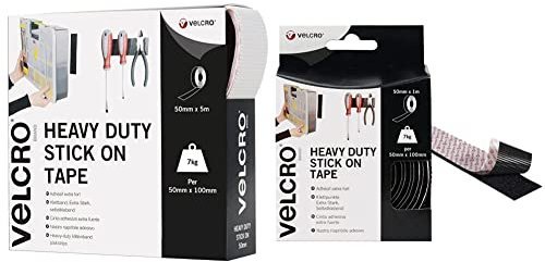 VELCRO Brand VEL60244 White Stick, Hook and Loop Self Adhesive Strips Fastener Roll, Industrial Extra Strong Double Sided Tape Heavy Duty-for Home & Brand Heavy Duty Stick On Black Tape 50mm x 1m