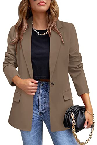 CRAZY GRID Womens Casual Blazer Long Sleeve Business Suit Jacket Open Front Button Work Office Blazer Jacket Fashion Dressy Ladies Blazer Summer Tan L