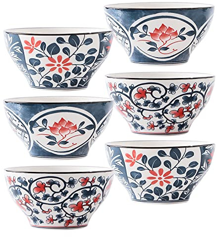 fanquare set med 6 stycken frukostskålar porslin japansk stil, blå blad och röda blommor ramen skål, soppskål keramik för desserter mellanmål, müsli