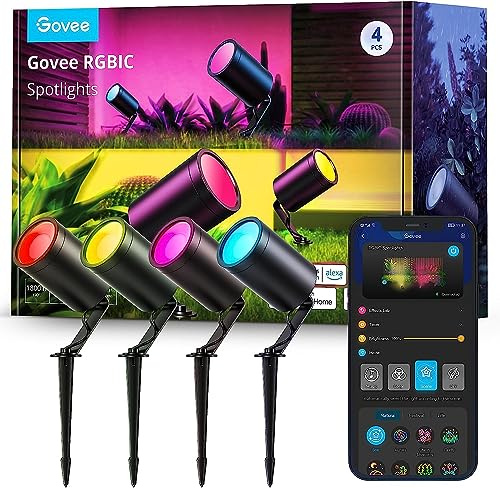 Govee Outdoor LED Strahler, IP65 wasserdichte Wandleuchte Aussen, funktioniert mit Alexa, RGBIC Segmentierter Farbwechsel, WiFi Gartenstrahler für Outdoor, 4er Pack