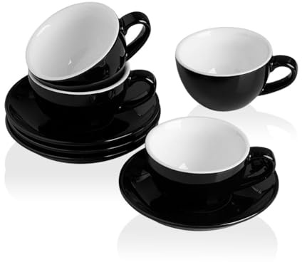 Sweejar Home Cappuccinotassen aus Keramik, 120 ml, Espressotassen, Porzellantasse und Untertasse, Teetassen-Set für spezielle Kaffeegetränke, Latte, Americano, 4er-Set (schwarz)